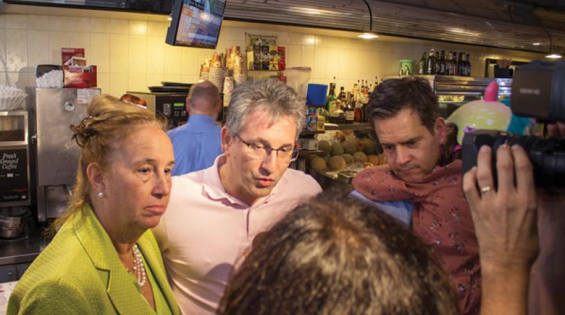 L to R: Manhattan Borough President Gale Brewer, Malibu Diner co-owner Alex Grimpas, NY State Senator Brad Hoylman (with daughter). Photo by Naeisha Rose.