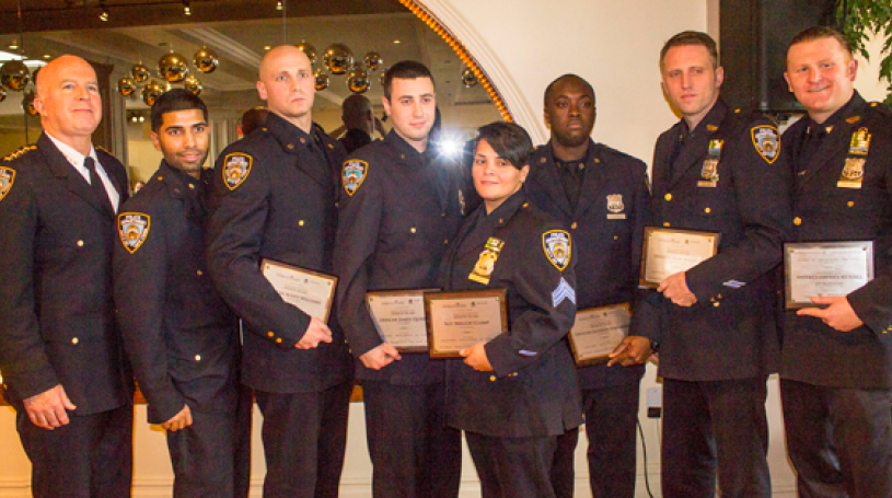 Photo by Zach Williams L to R: NYPD Officers Ravi Singh, Scott Williams, James Quirk, Sgt. Maggie Clamp, Officers Jackson Dagobert, Sean Malone and Gerard Collins were honored at The Greenwich Village-Chelsea Chamber of Commerce’s 11th Annual Safe City, Safe Streets luncheon.